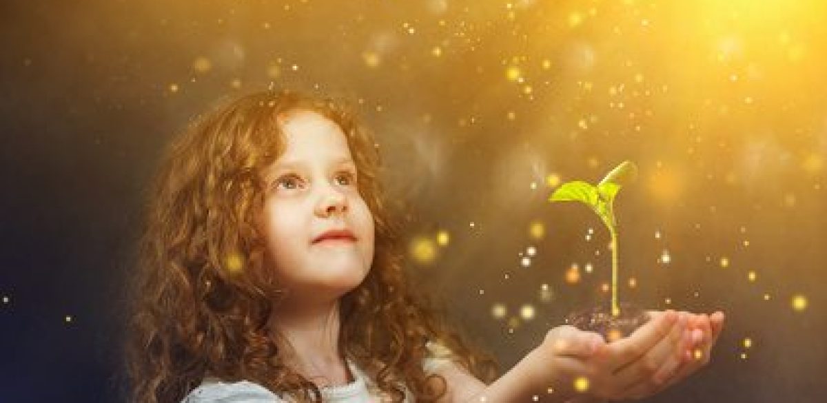 Little girl holding young green plant in sunlight. Ecology concept.